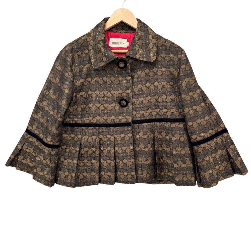 Maestro Jacquard Pleated Jacket Womens Brown Cropped Bell Sleeve Size L